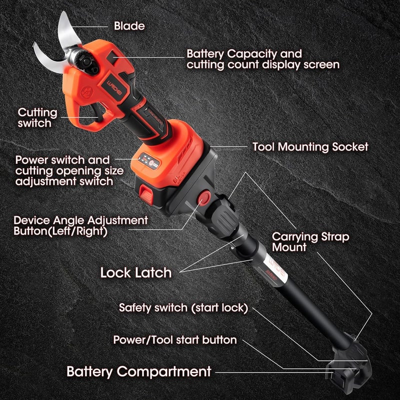 LLNDEI 2-in-1 Electric Pruning Shears with 13Ft Reach Extension Pole, 1.6“ Cutting Diameter, Electric Tree Pruner, 1000w Brushless Motor, Cordless Power Pruner for Tree Trimming. - Image 2